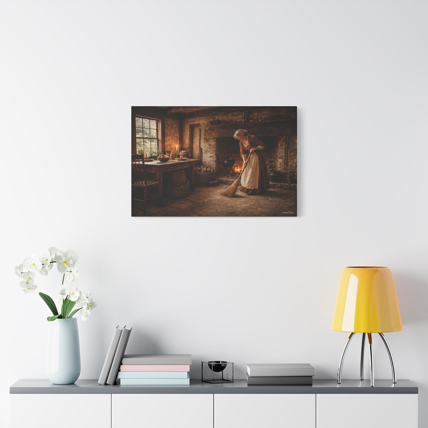 Domestic Woman Sweeping Hearth Matte Canvas, Stretched, 1.25"