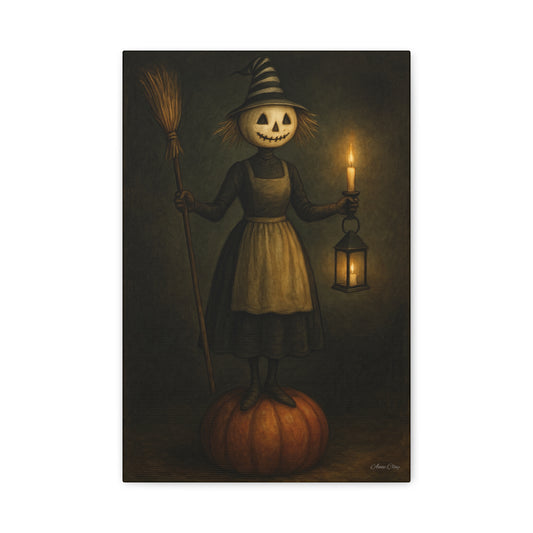 Halloween Witch Canvas Art Print, Spooky Home Decor, Pumpkin Lantern Wall Art, Fall Decoration, Halloween Gift