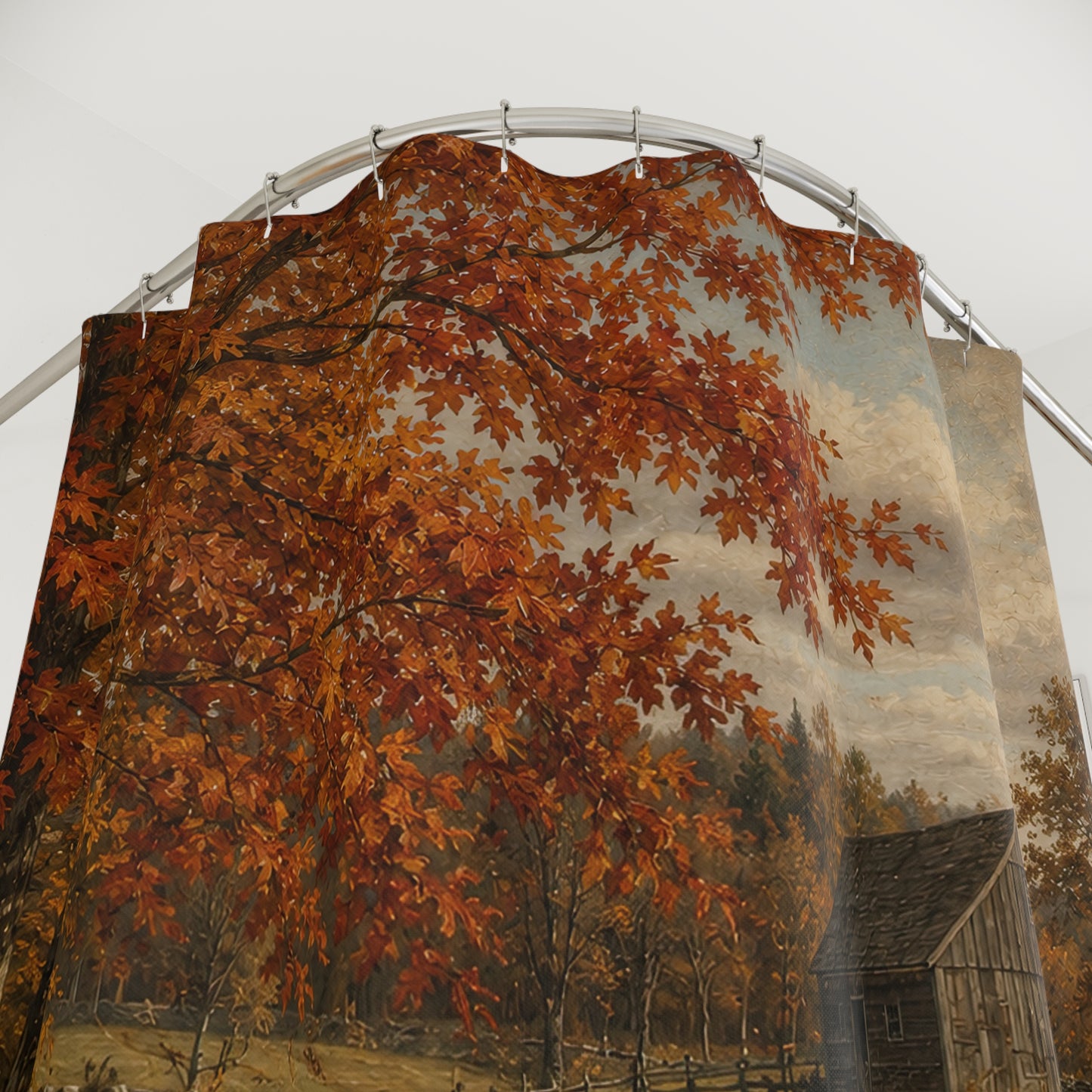 Autumn Pastoral Shower Curtain — Rustic Farmhouse Sheep & Barn Bathroom Decor