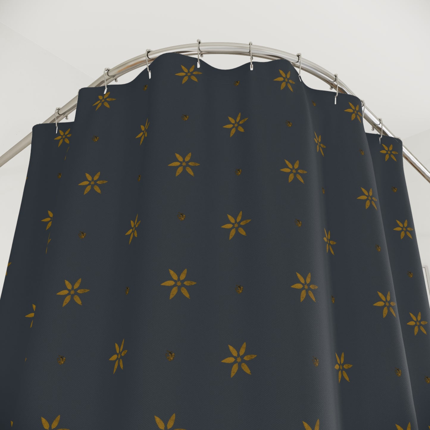 Mustard Stencil on Blue Early American Petals Shower Curtains