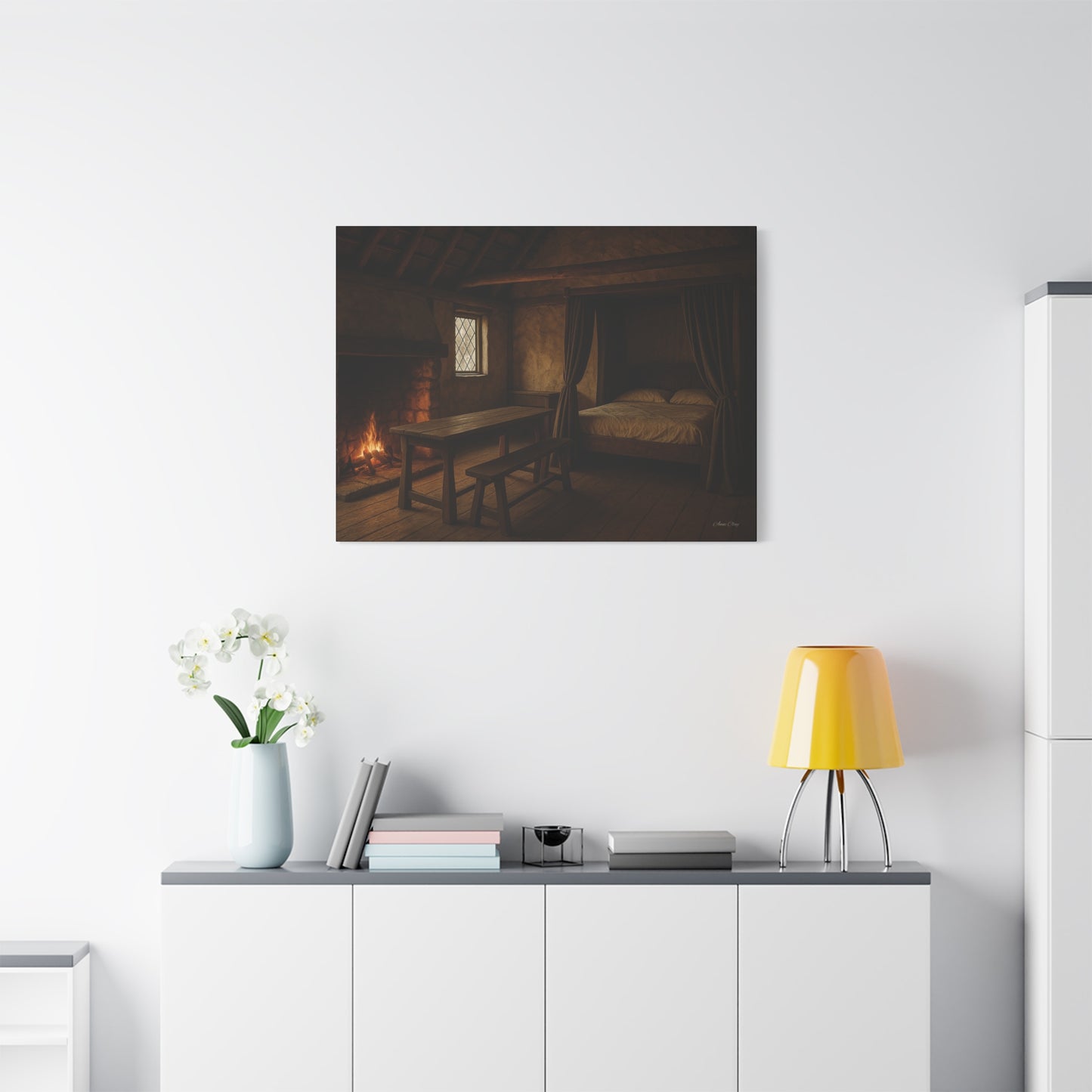 Cozy Cabin Matte Canvas Print, Rustic Home Decor, Nature Wall Art, Fireplace Artwork, Gift for Homeowners