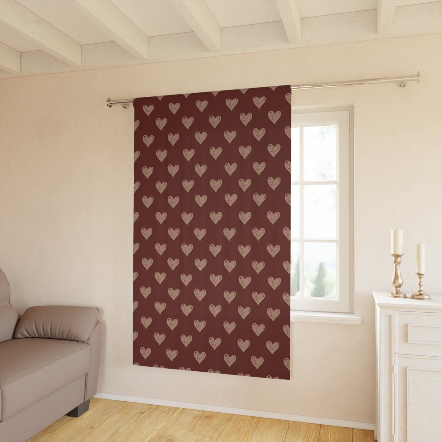 Cream Hearts Stencil on Red Window Curtains (1 Piece)