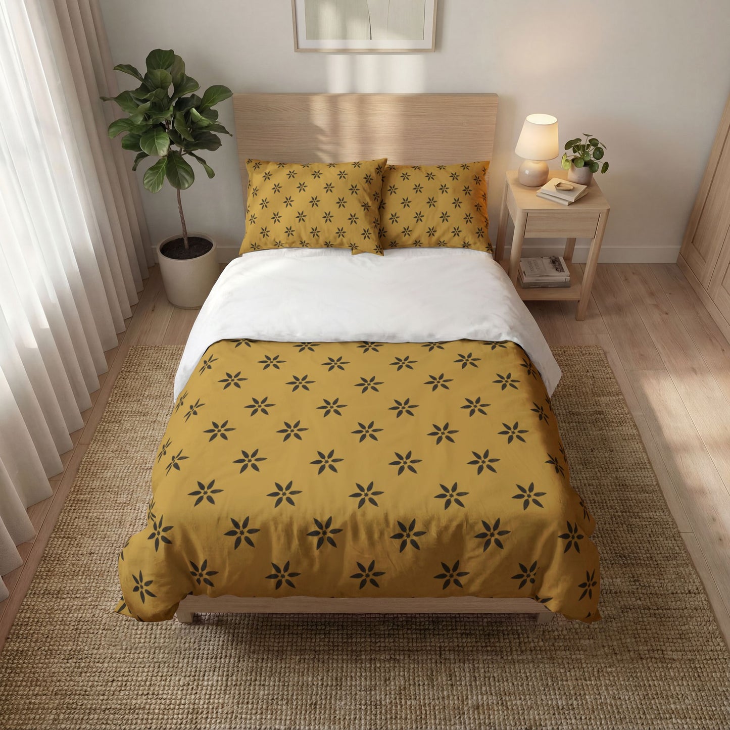 Mustard Floral Quilt Cover Set — 3-Piece Duvet Cover & Pillowcases