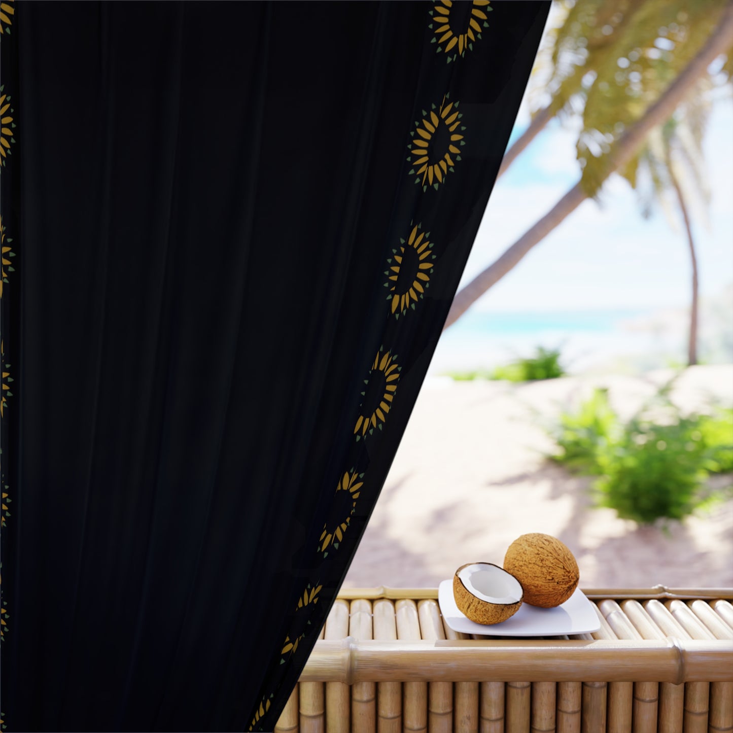 Sunflower Stencil on Black Window Curtains (1 Piece)