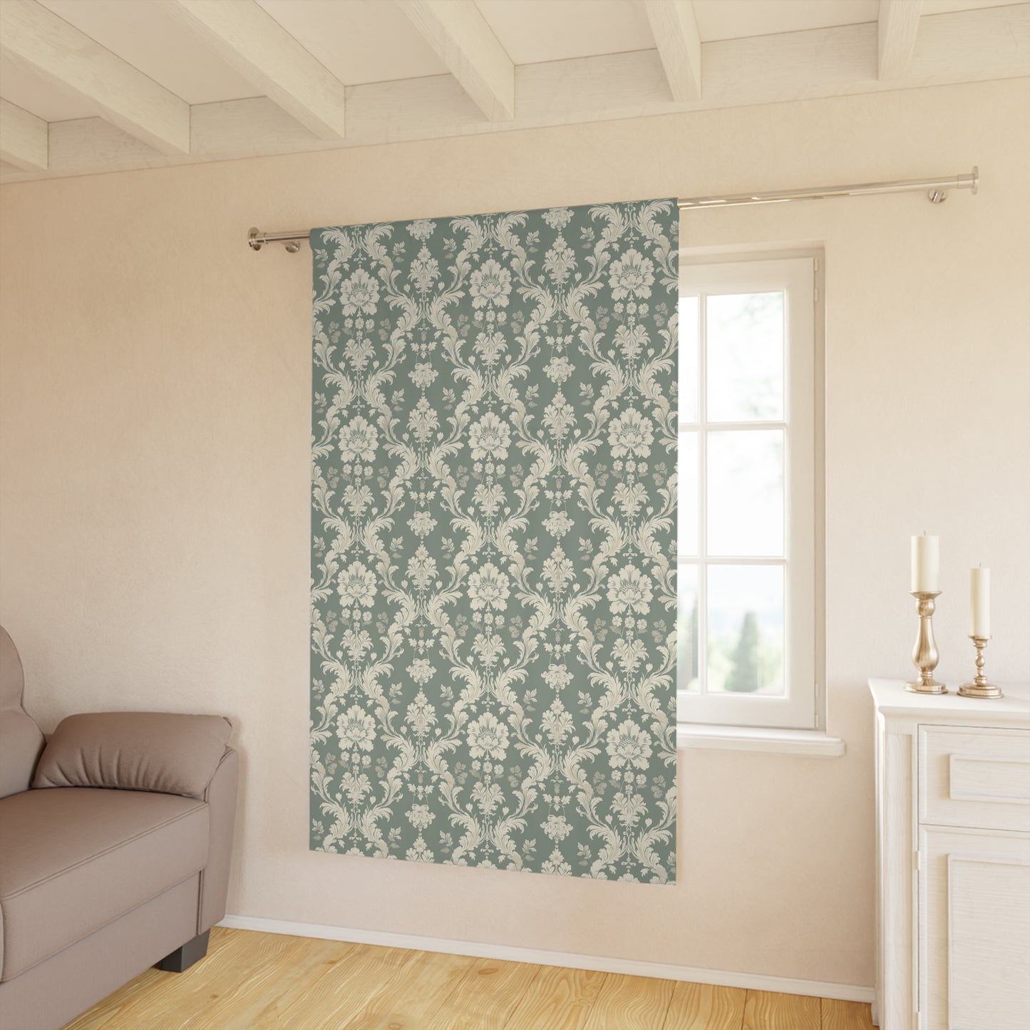 Green and Off White Damask Window Curtains (1 Piece)