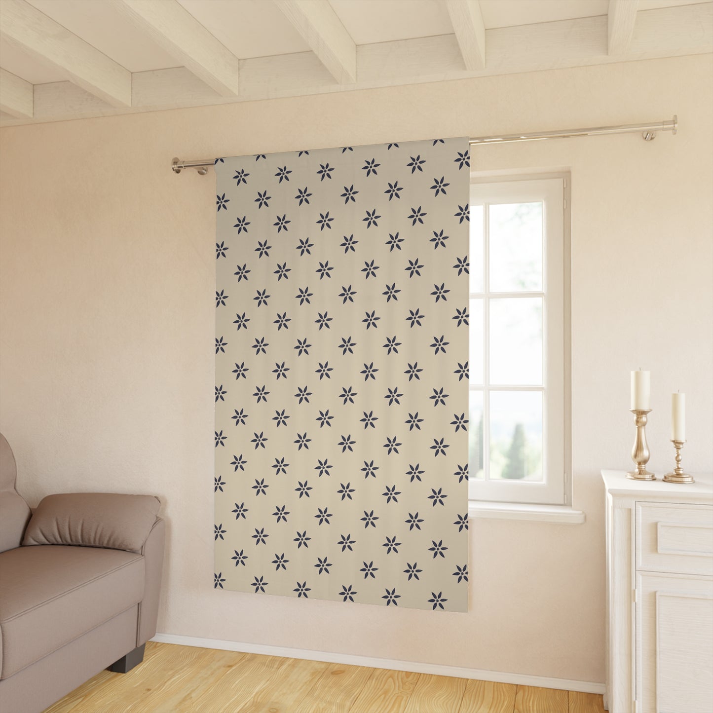 Navy on Cream Window Curtains (1 Piece)