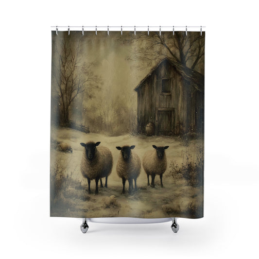 Rustic Farmhouse Shower Curtain, Cozy Bathroom Decor, Sheep Design,