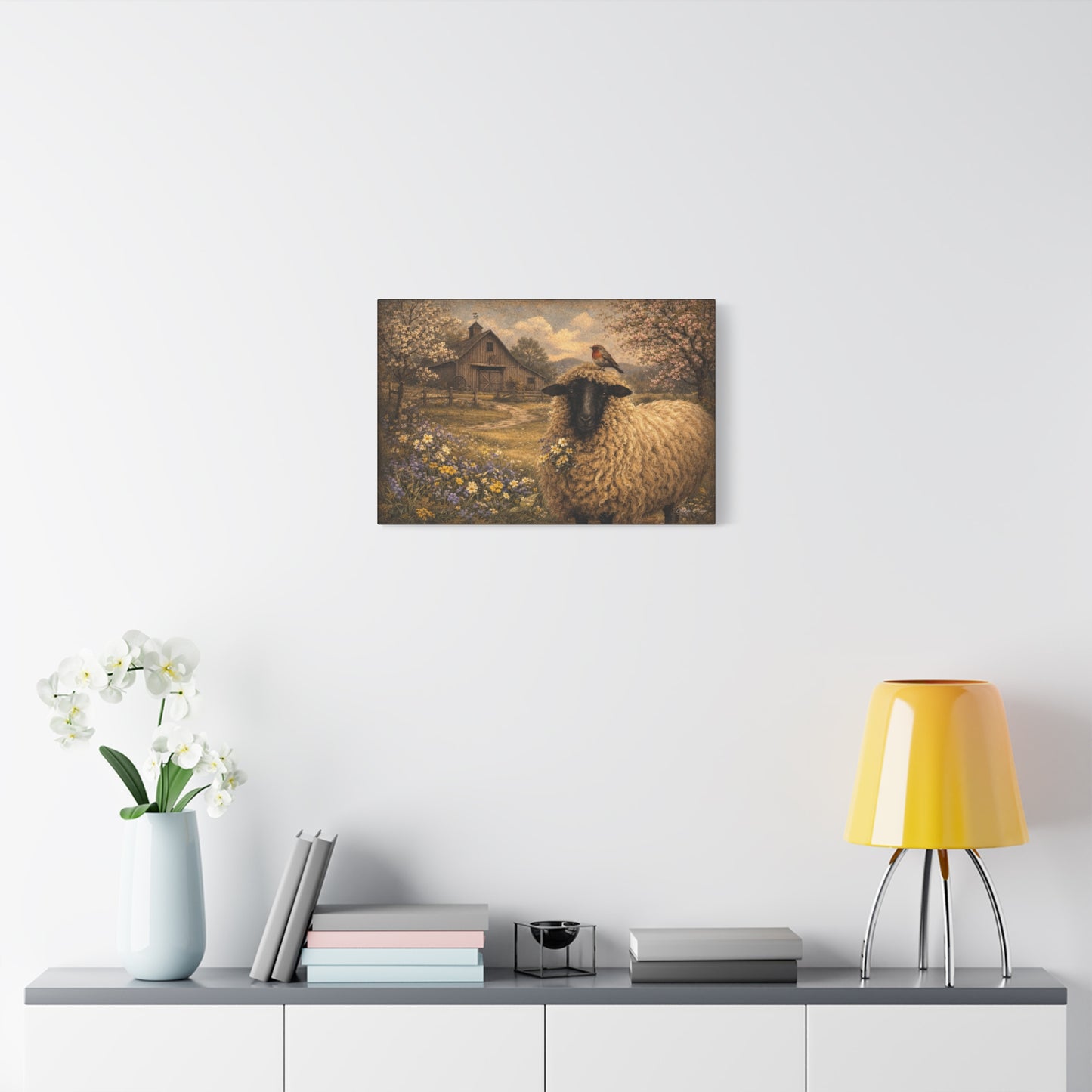 Sheep in Spring Matte Canvas Wall Art — Rustic Barn & Robin Farmhouse Decor