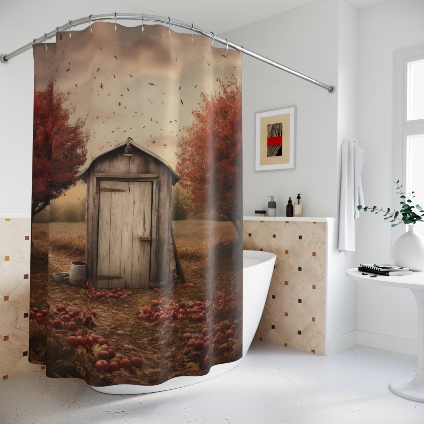 Autumn Outhouse Shower Curtain – Rustic Fall Bathroom Decor
