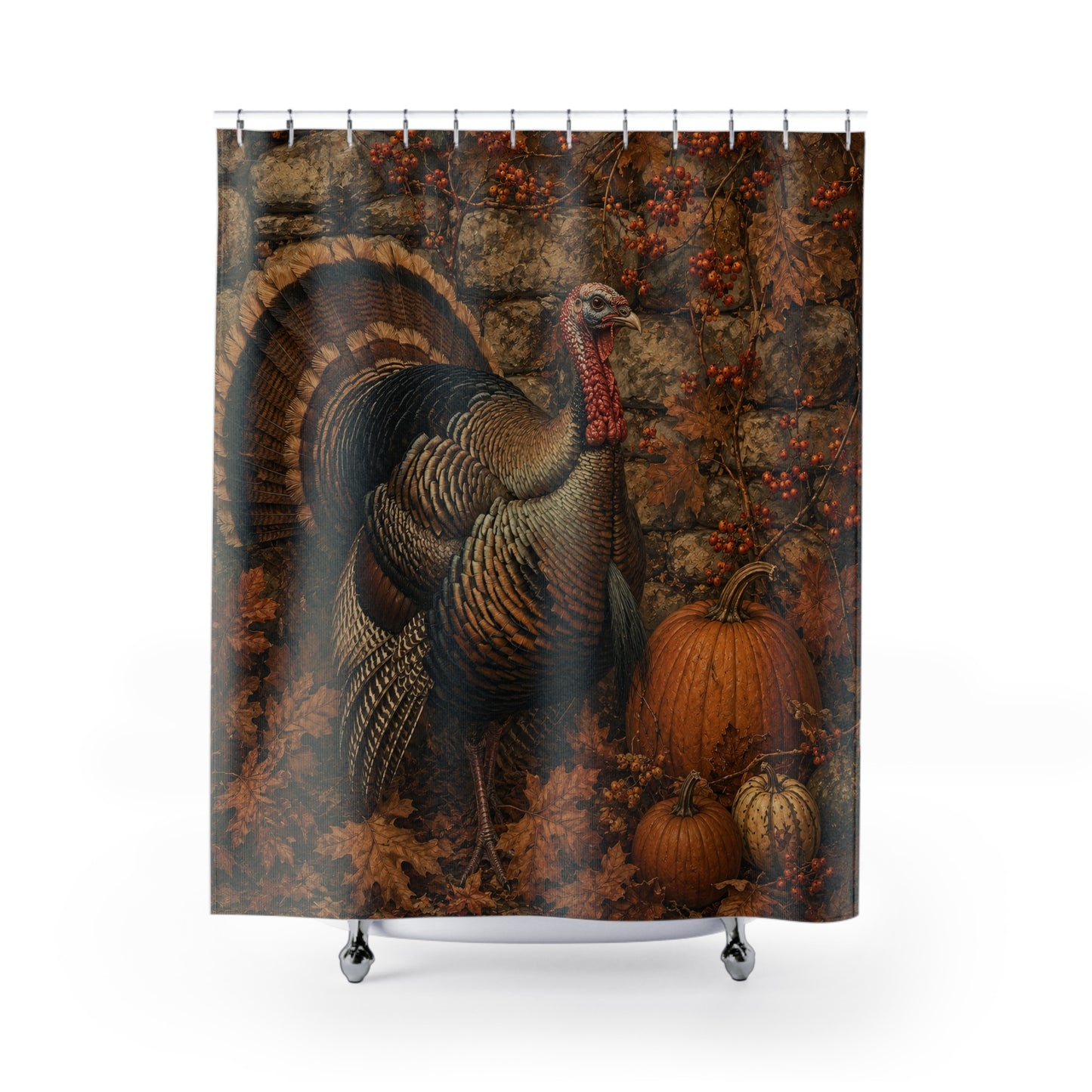 Thanksgiving Turkey Shower Curtain — Autumn Pumpkin & Rustic Fall Bathroom Decor