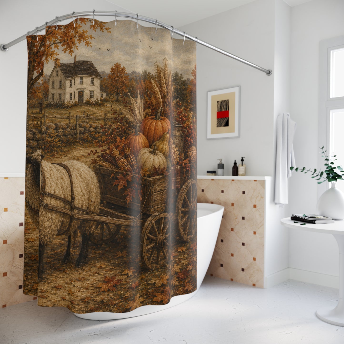 Autumn Harvest Shower Curtain — Rustic Farmhouse Fall Pumpkins & Hay Wagon Bath Decor