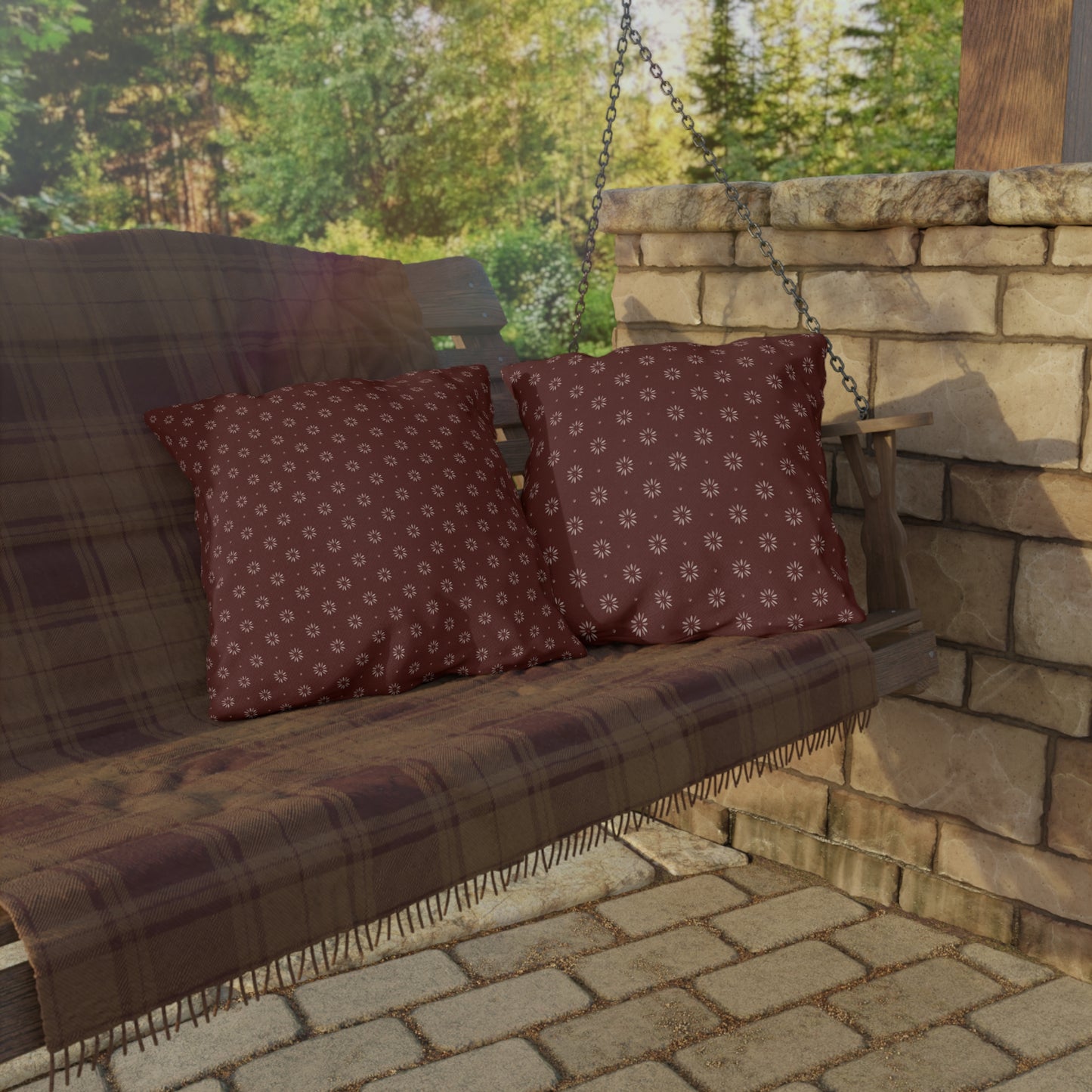 Red and Gold Stencil Outdoor Pillows