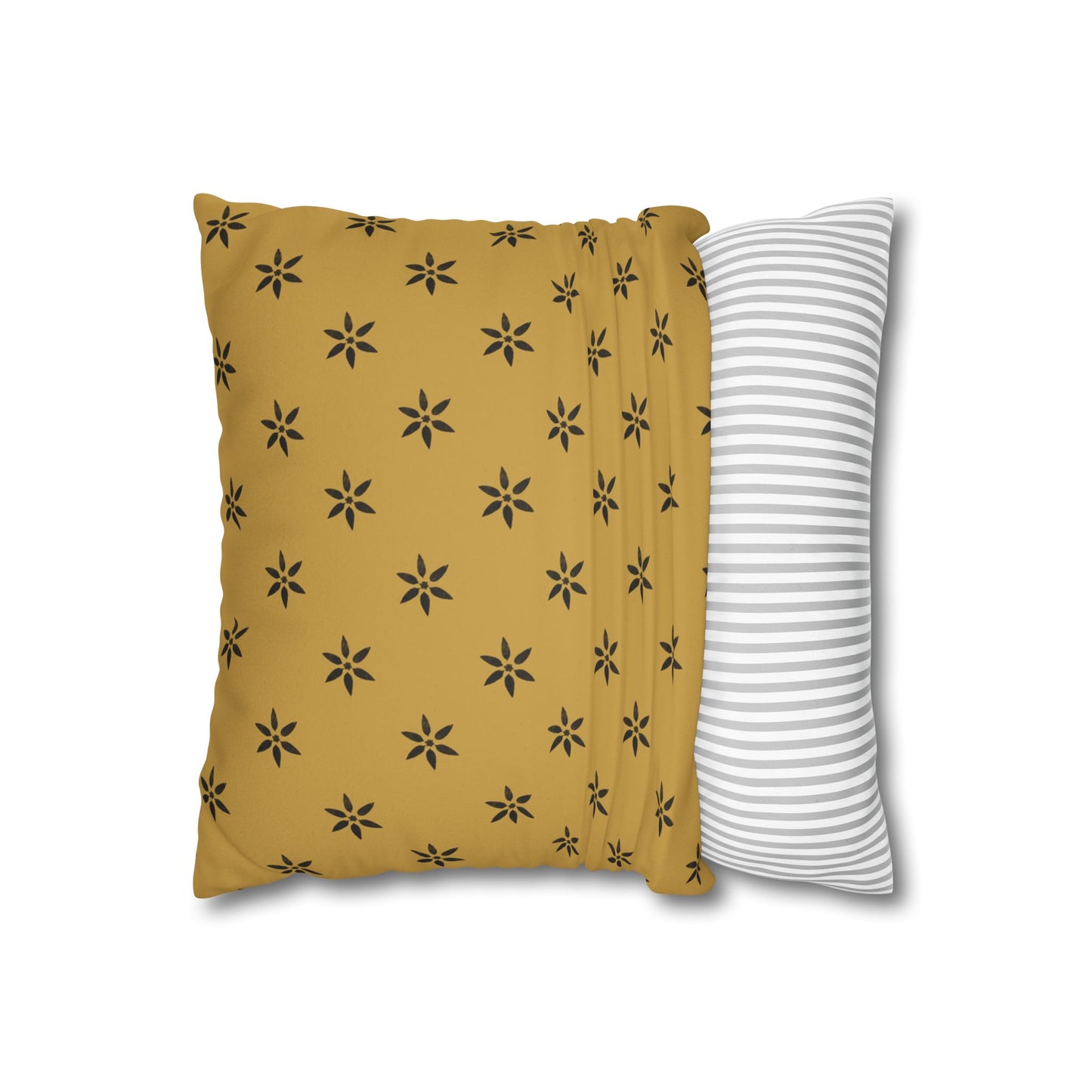Black 6 Pointed Petal Stencil on Gold Faux Suede Square Pillowcase