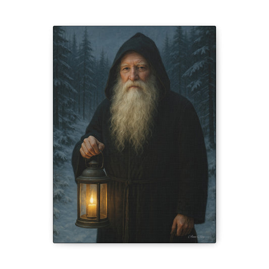 Old World Santa with Lantern Canvas Print, Wall Art, Home Decor, Cabin Vibes, Gift for Him, Rustic Wall Decor, Nature Lover's Gift