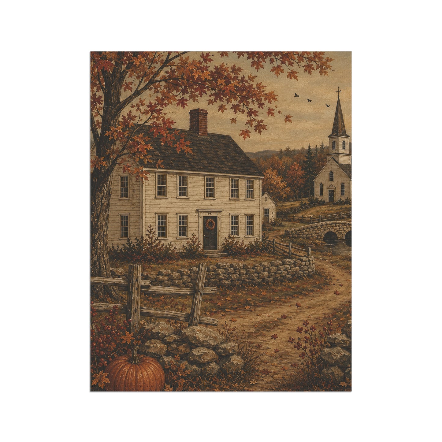 Autumn Country House Garden Flag — Rustic Fall Pumpkin & Church Yard Banner