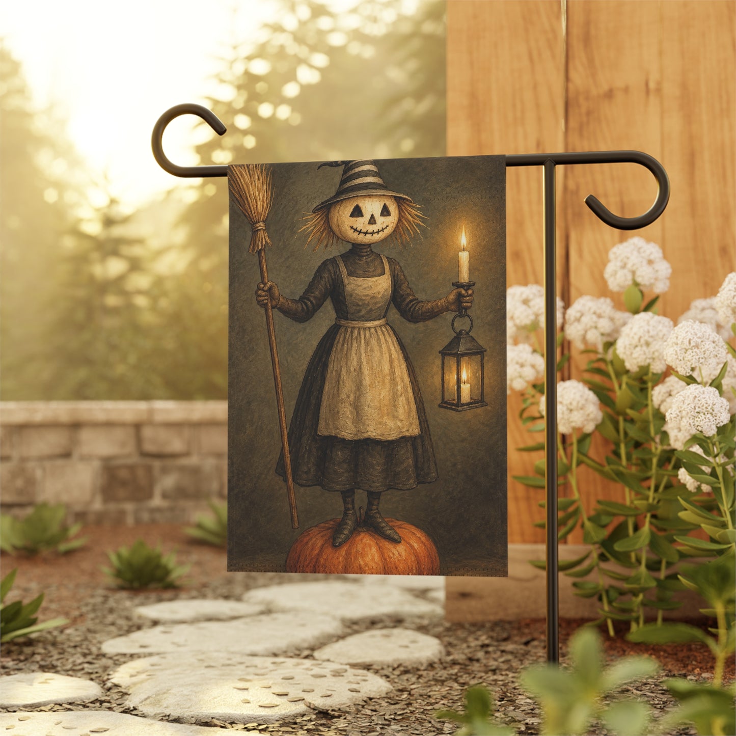 Halloween Scarecrow Garden Flag — Vintage Jack-o'-Lantern Lady Holding Lantern