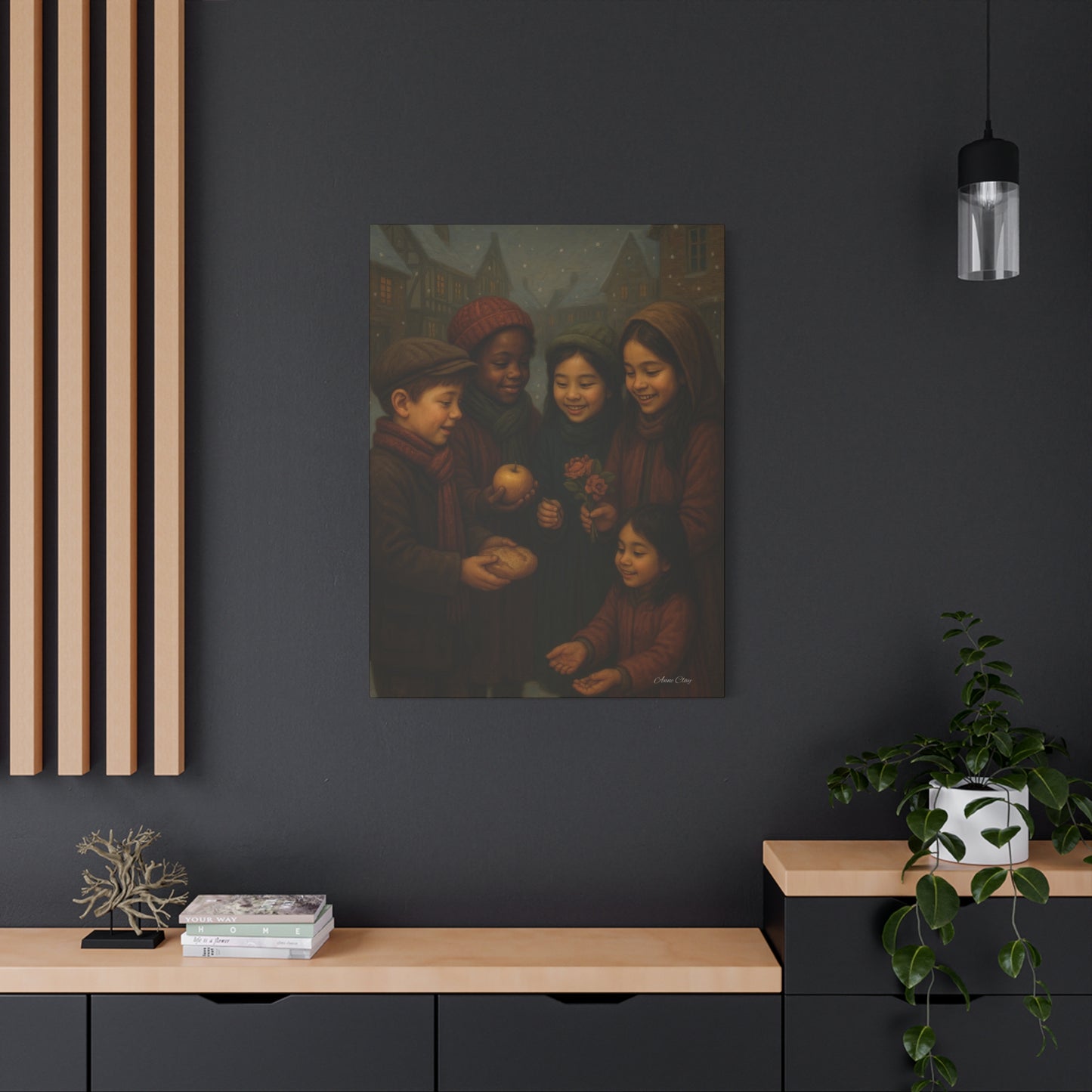 Spirit of Christmas, Open Arms, Sharing Festive Canvas Art Print: Joyful Winter Children Scene