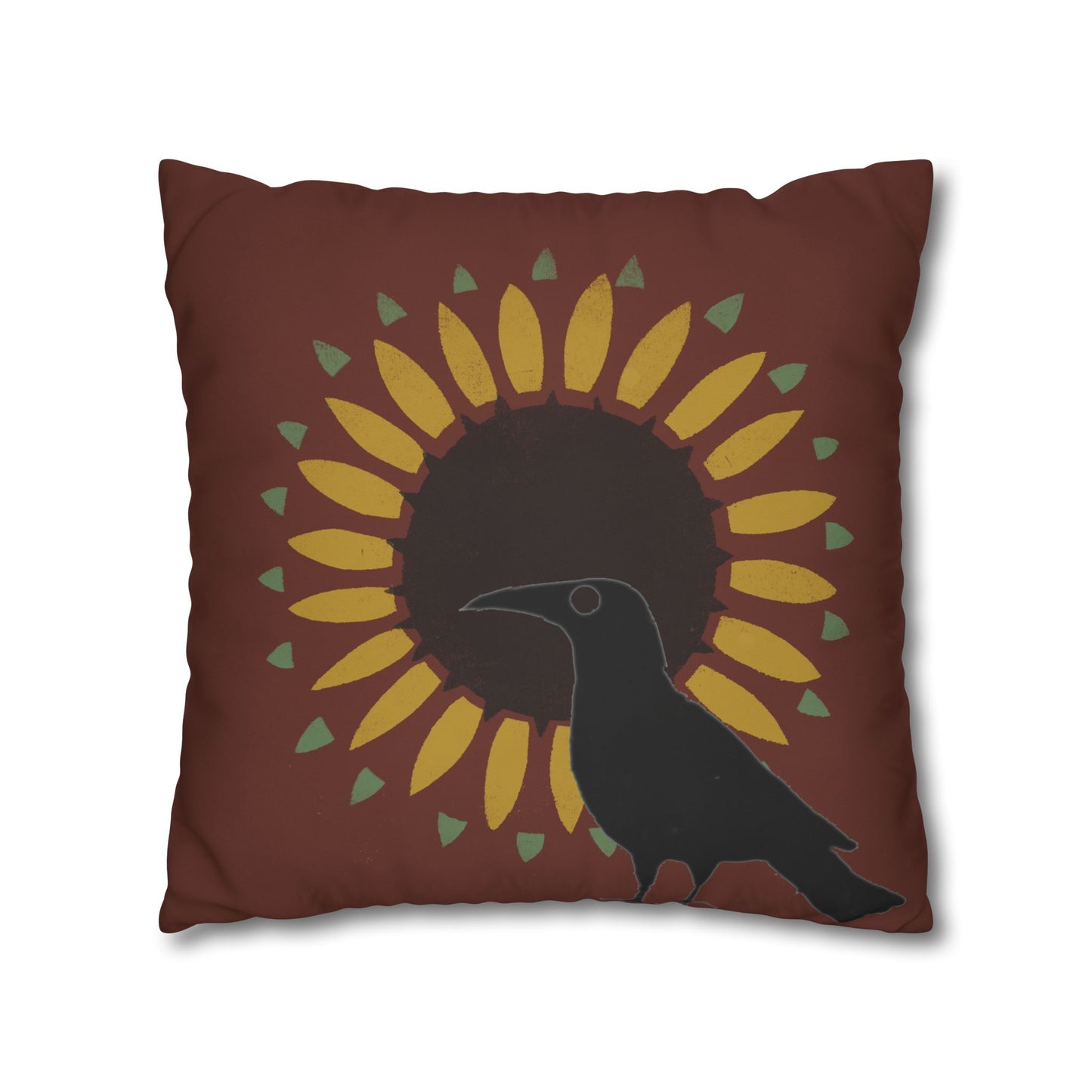 Crow and Sunflower Stencil on Red Square Poly Canvas Pillowcase