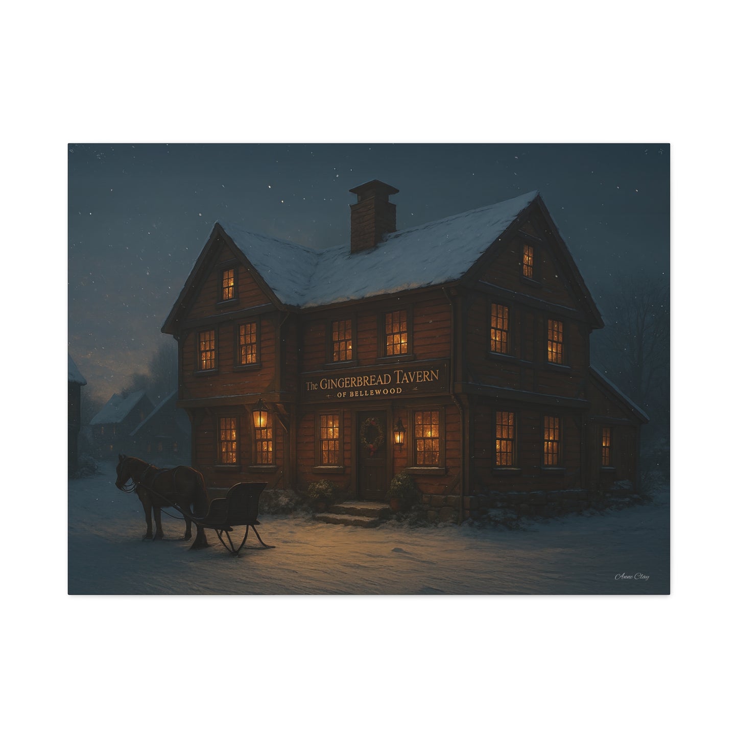 Gingerbread Tavern Winter Night Matte Stretched Canvas