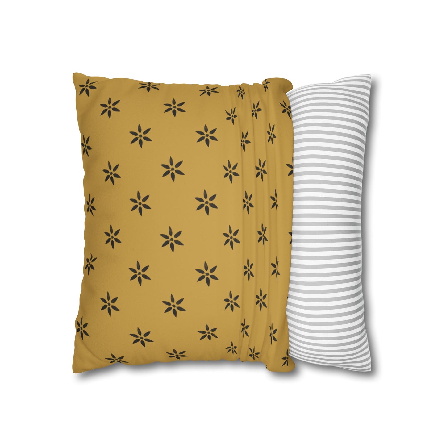 Black 6 Pointed Petal Stencil on Gold Faux Suede Square Pillowcase