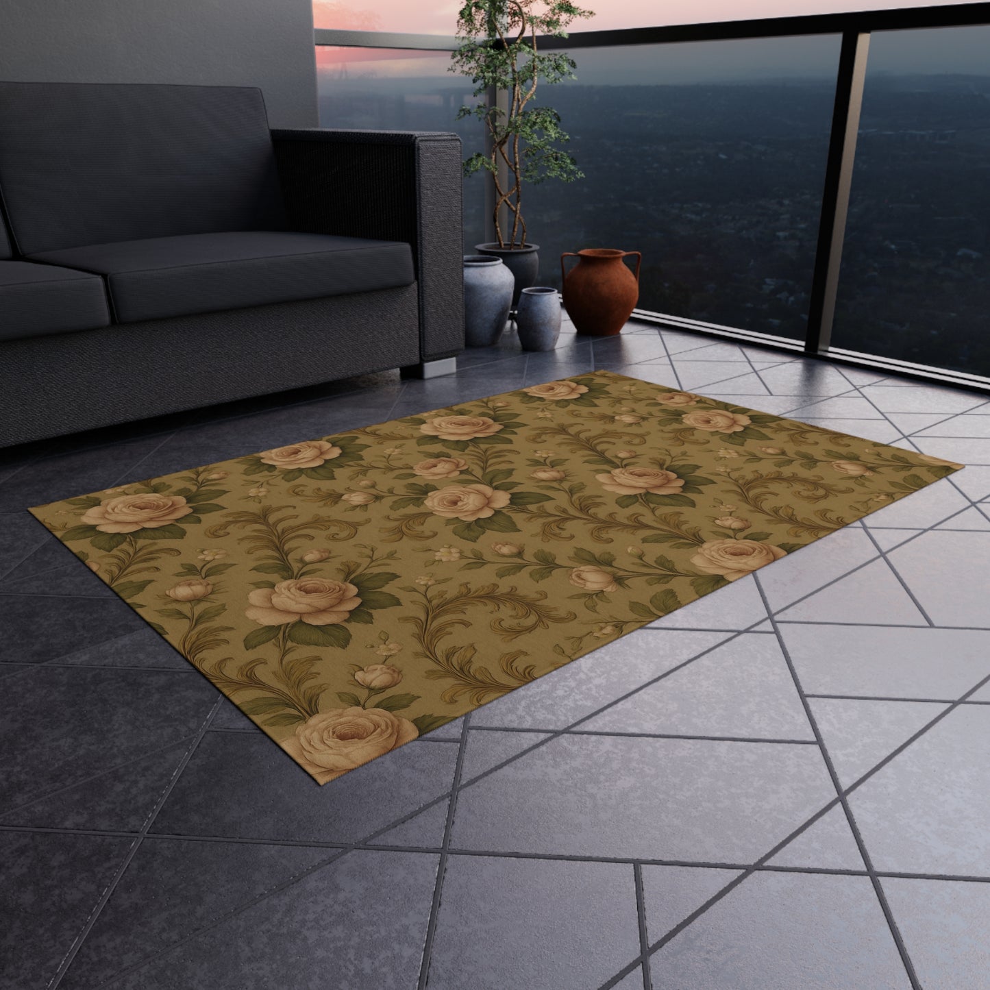 Vintage Floral Outdoor Rug, Boho Patio Mat, Garden Floor Decor, Rustic Outdoor Carpet, Perfect for Picnics & BBQs