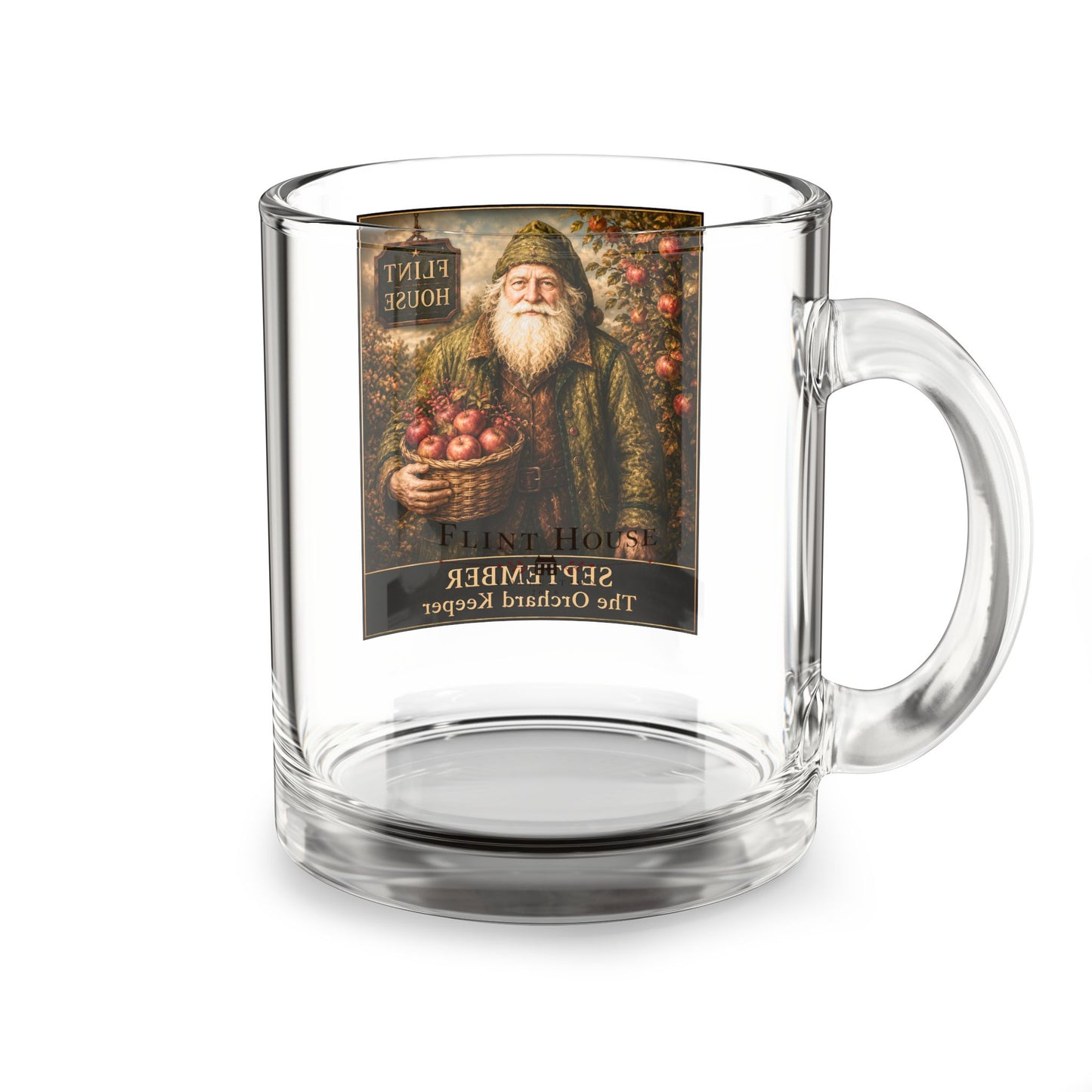 September Orchard Keeper Glass Mug — 10oz Vintage Harvest Apple Farmer Design