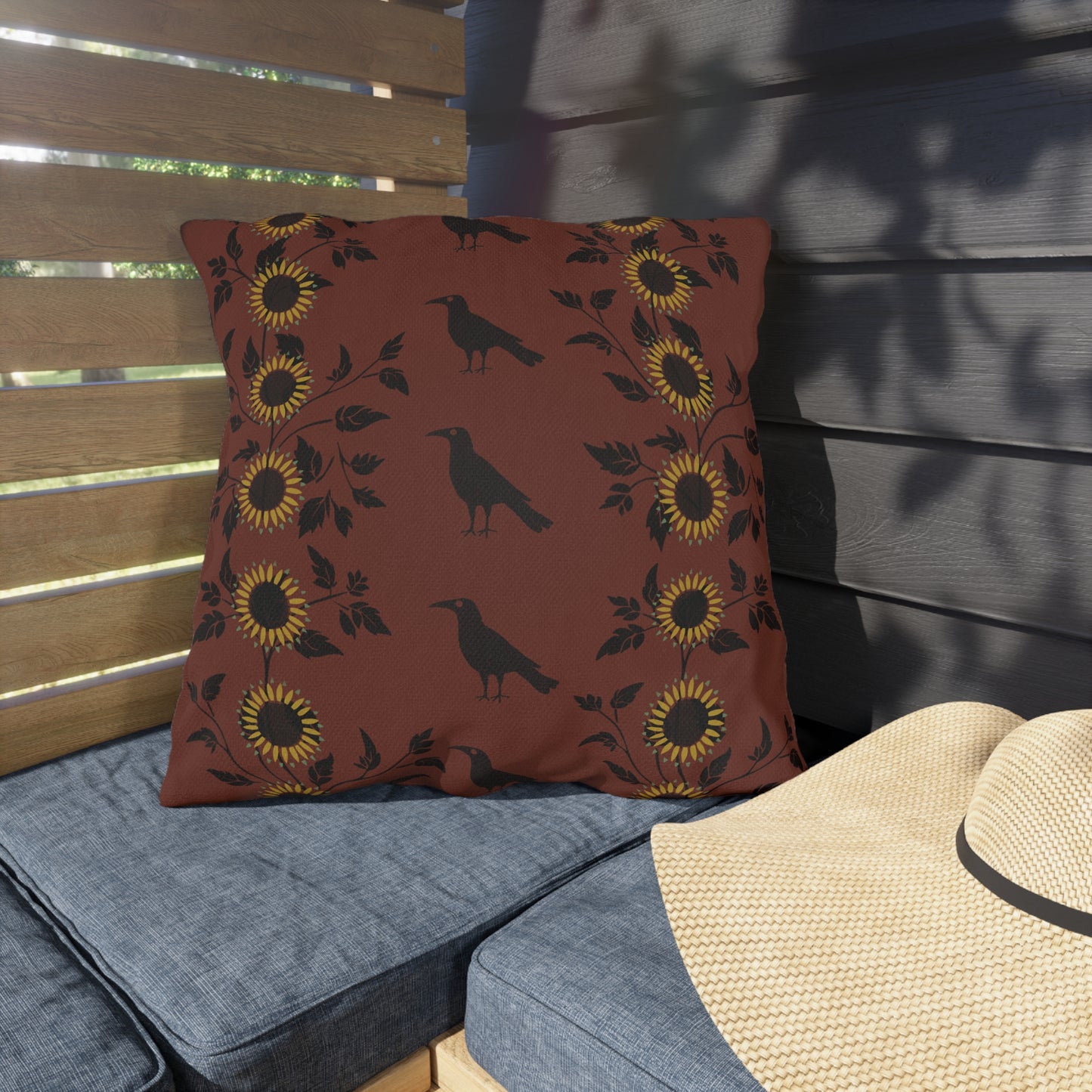 Sunflowers and Crows on Red Outdoor Pillows