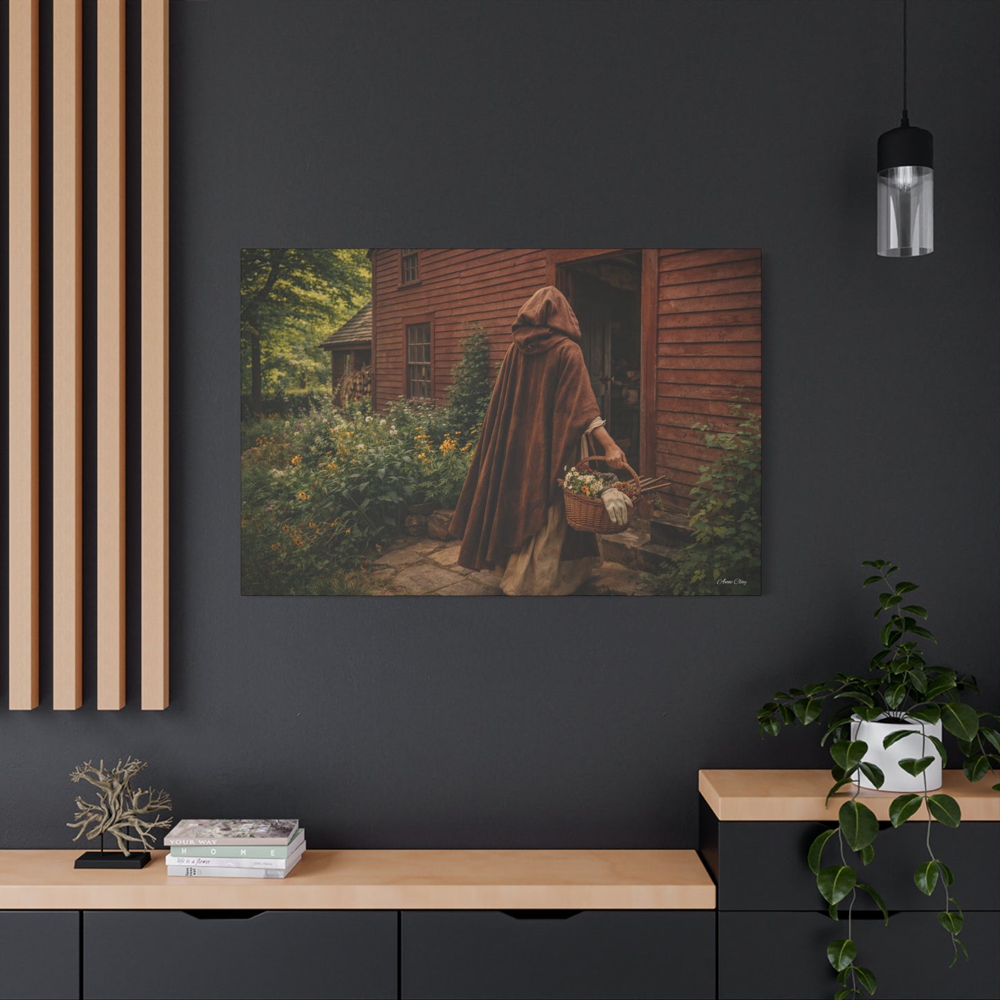 Domestic Rustic Cottage Woman Canvas Wall Art – Vintage Cloak & Basket Matte Stretched Print