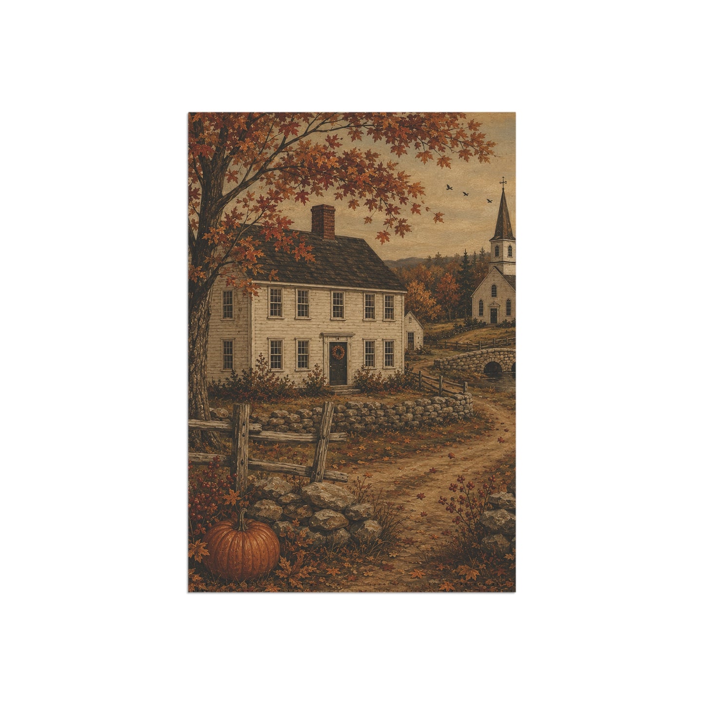 Autumn Country House Garden Flag — Rustic Fall Pumpkin & Church Yard Banner