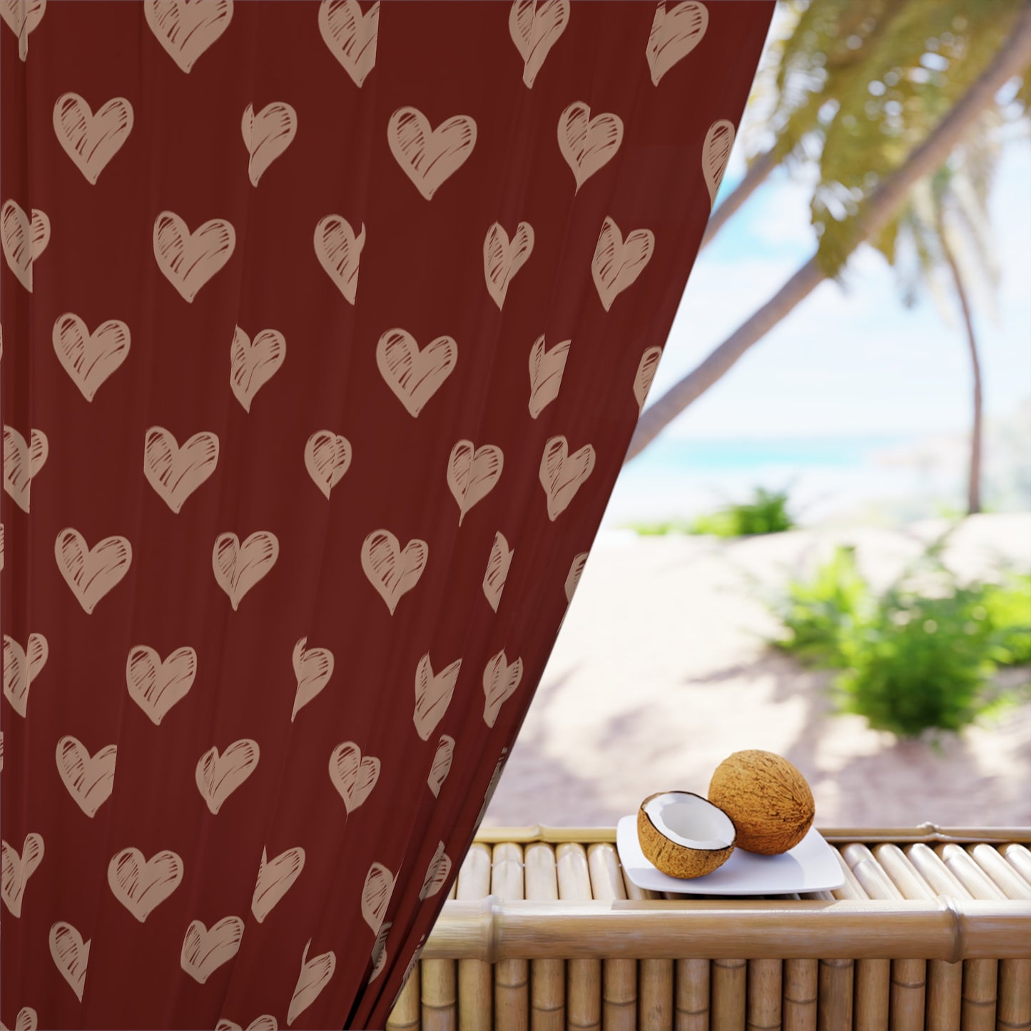 Cream Hearts Stencil on Red Window Curtains (1 Piece)