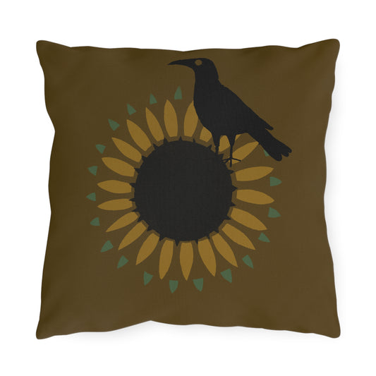 Sunfloer and Crow on Deep Putty Outdoor Pillows