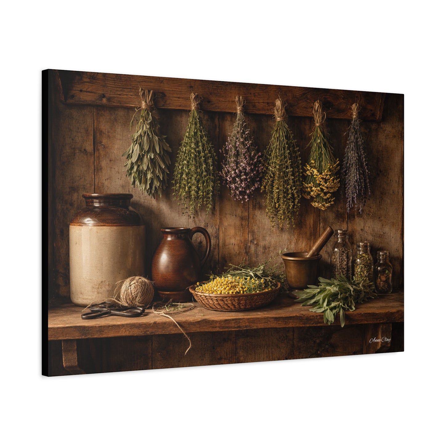 Domestic Rustic Herbal Kitchen Canvas Wall Art — Dried Herbs Still Life Matte Stretched Print