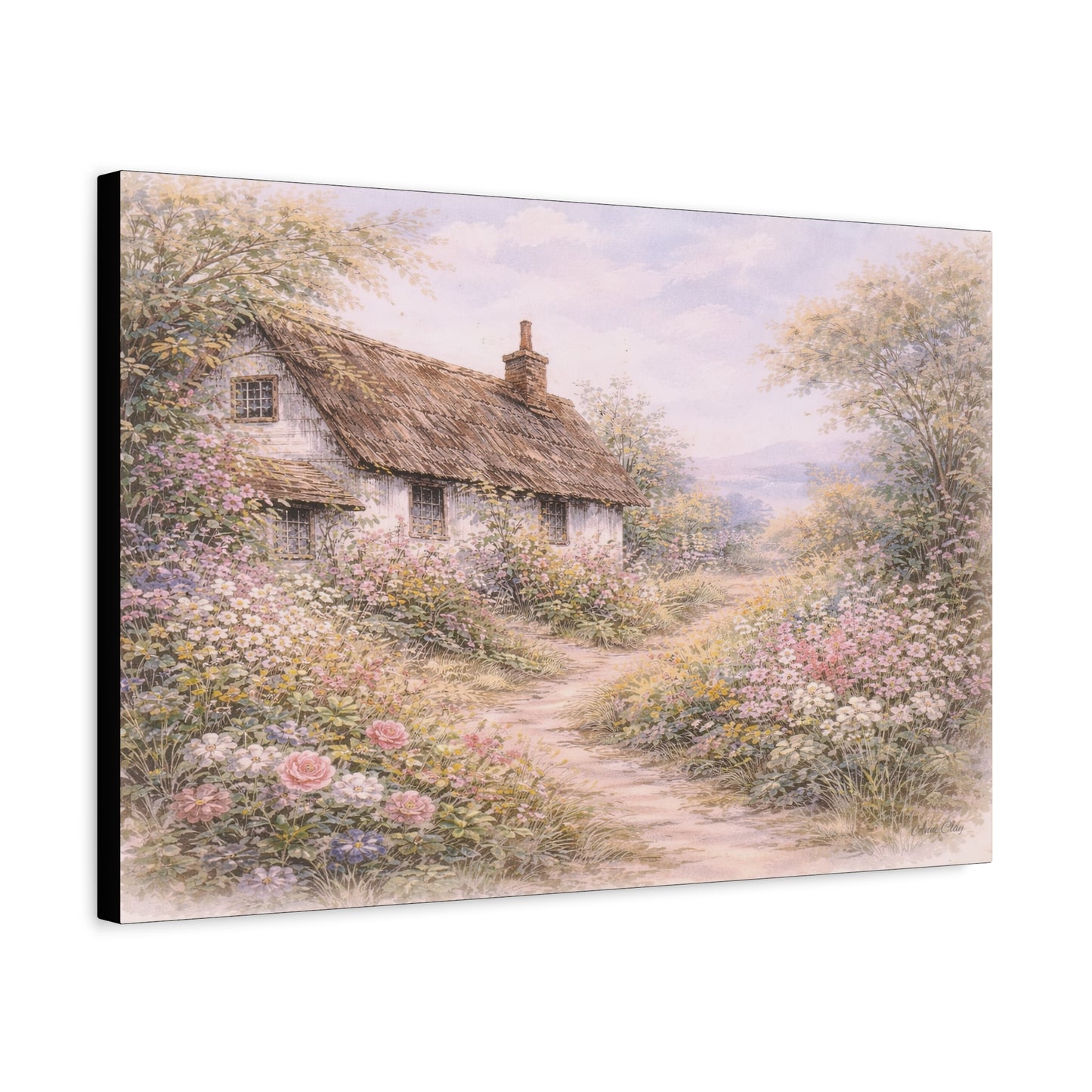 Cottage Garden Matte Canvas Wall Art — Pastel Floral Country Path Print, Stretched 1.25"
