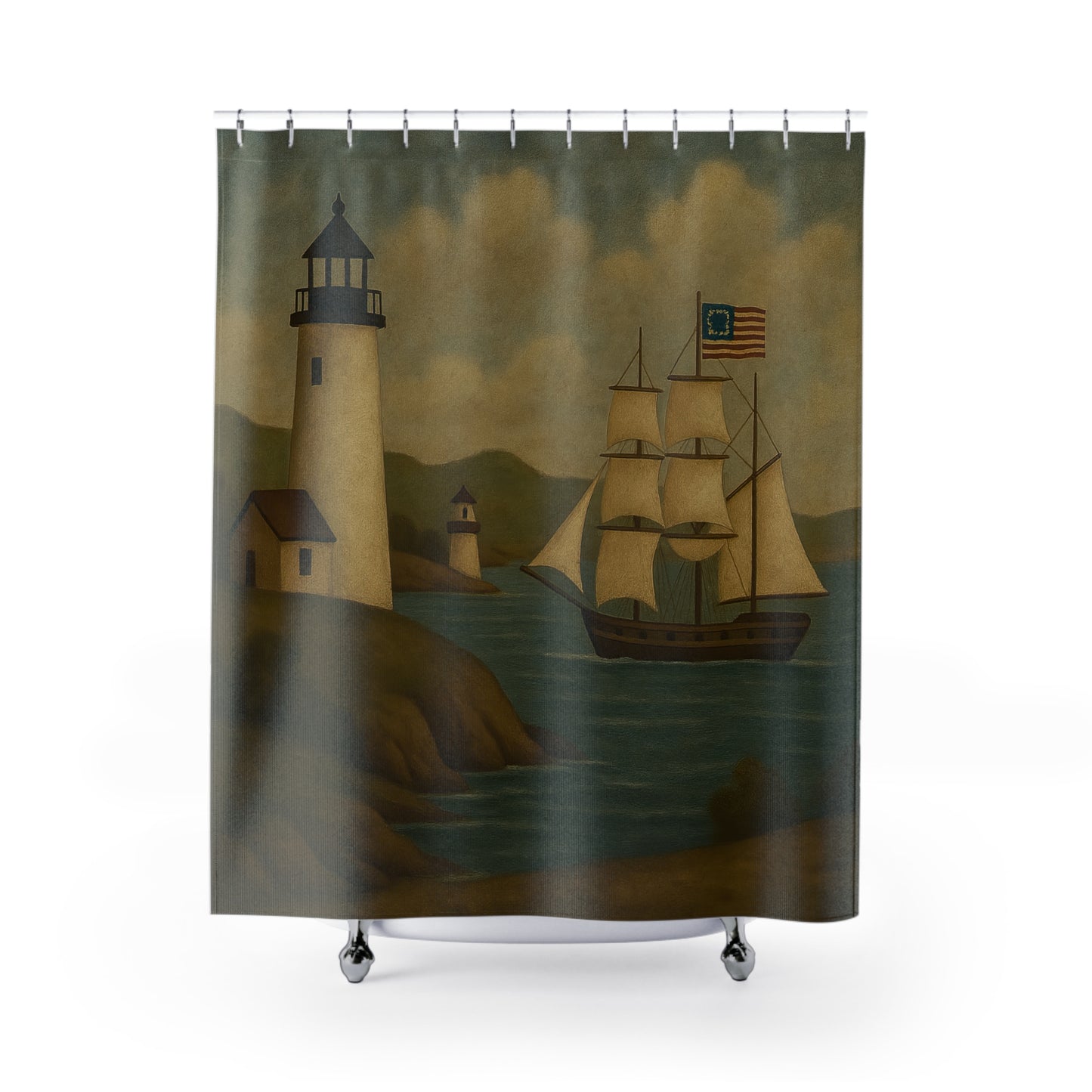 Nautical Lighthouse Shower Curtain, Coastal Bathroom Decor, Vintage Ship Design, Home Spa, Beach House Gift