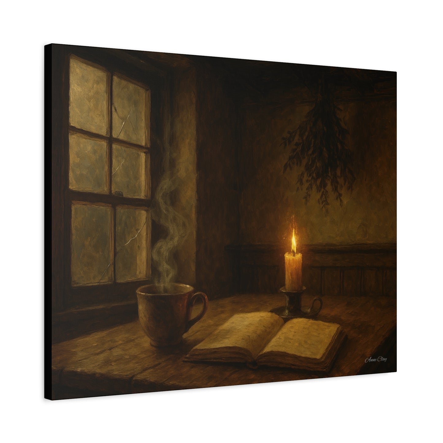 Cozy Candlelit Canvas Art, Wall Decor, Rustic Home Decor, Coffee Lovers Gift, Relaxing Room Artwork, Gift for Book Lovers