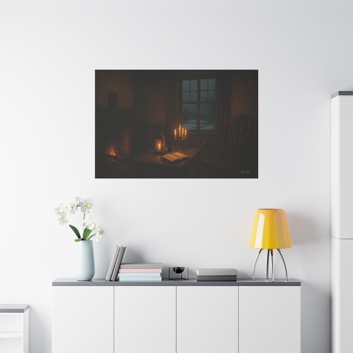 Cozy Candlelit Canvas Art, Home Decor, Warm Atmosphere, Gift for Book Lovers, Rustic Wall Art, Cozy Living Room Decor