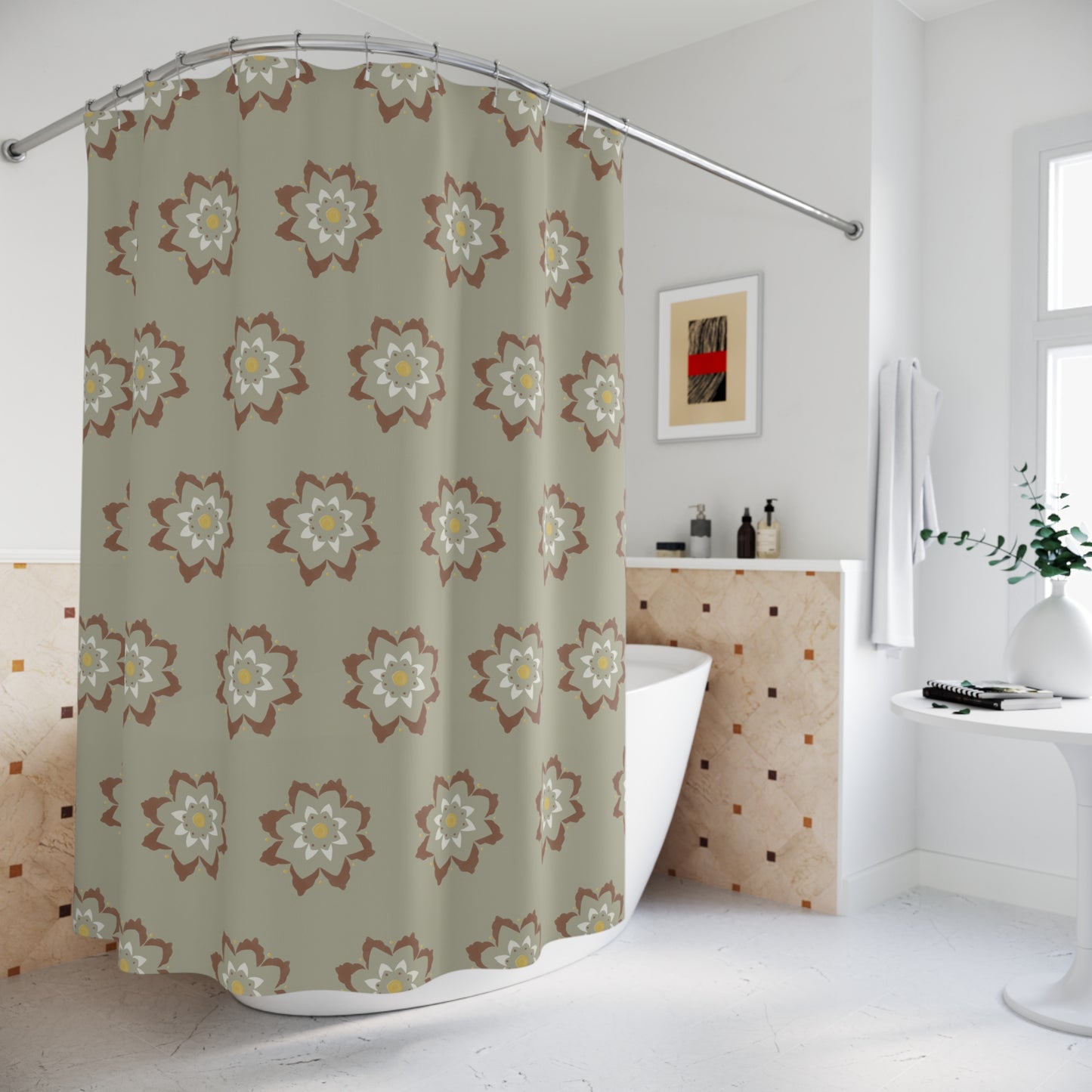 Fantasy Collection Small Stencil Flower Taupe, Rust, Cream Shower Curtains