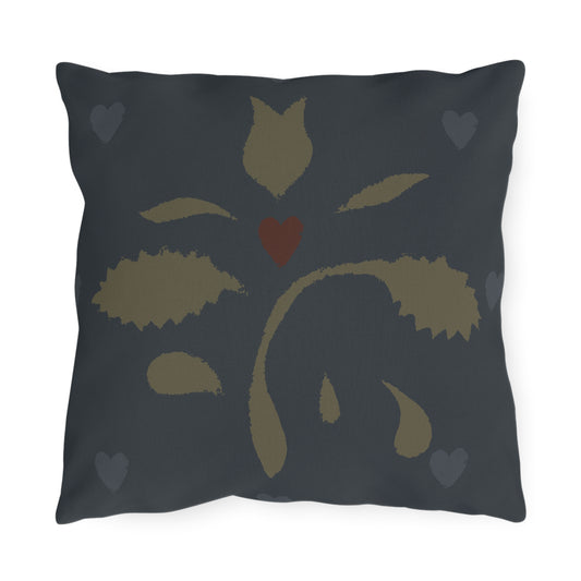 Leaves and Hearts on Blue Early American Stencil Outdoor Pillows