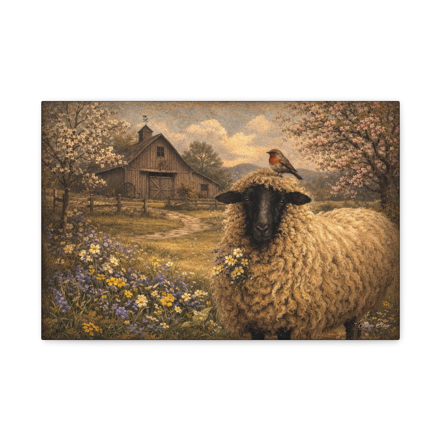 Sheep in Spring Matte Canvas Wall Art — Rustic Barn & Robin Farmhouse Decor