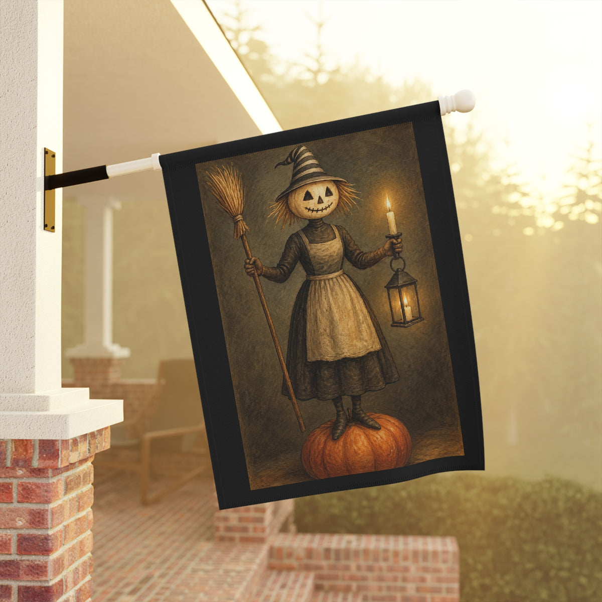 Halloween Scarecrow Garden Flag — Vintage Jack-o'-Lantern Lady Holding Lantern