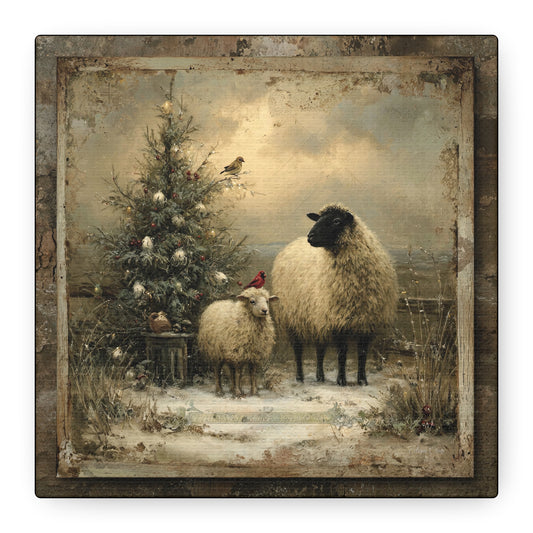 Rustic Sheep Art Canvas Print, Farmhouse Decor, Holiday Wall Art, Cozy Home Vibe, Christmas Sheep Painting, Farmhouse Wall Art