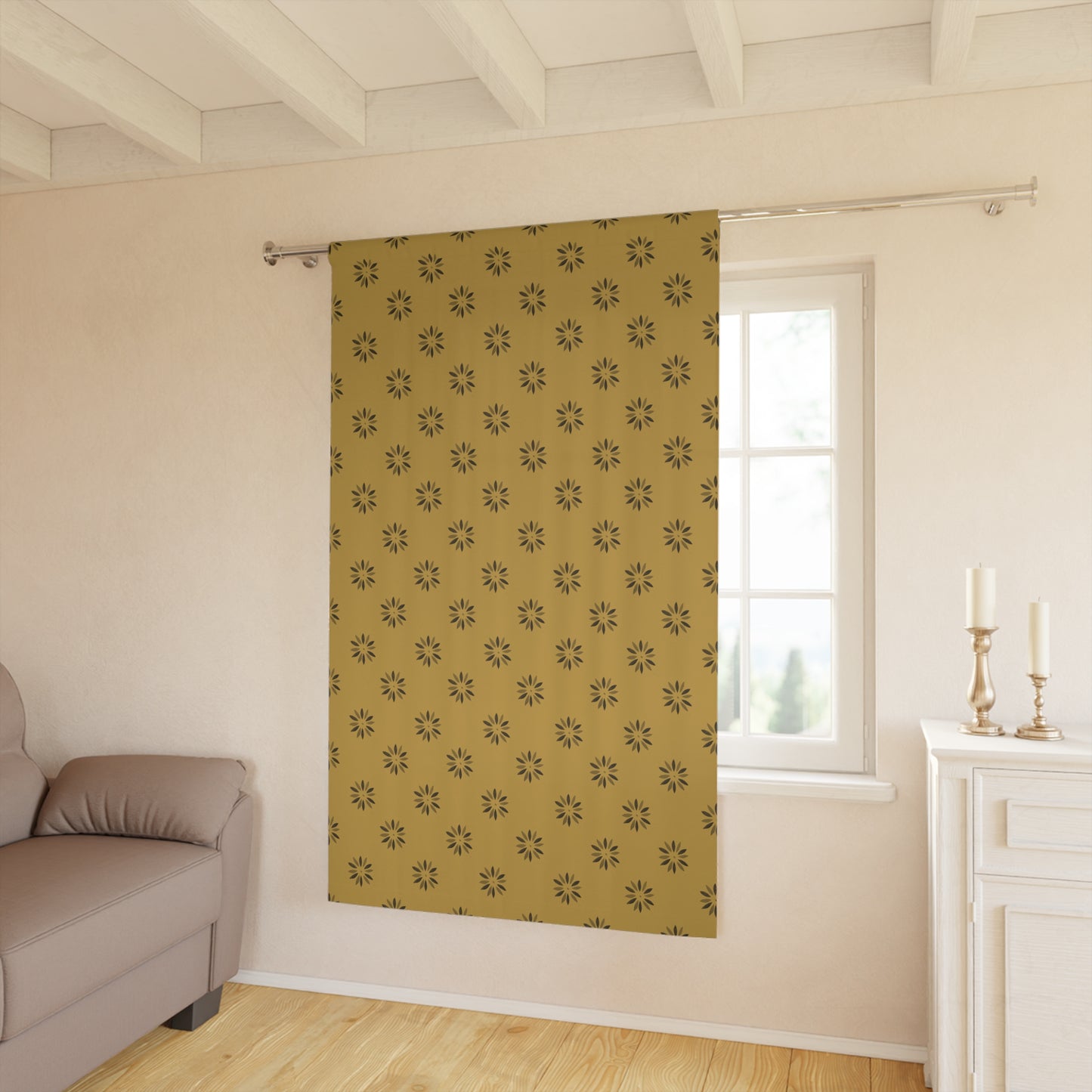 Small Black Daisies Stencil on Mustard Window Curtains (1 Piece)