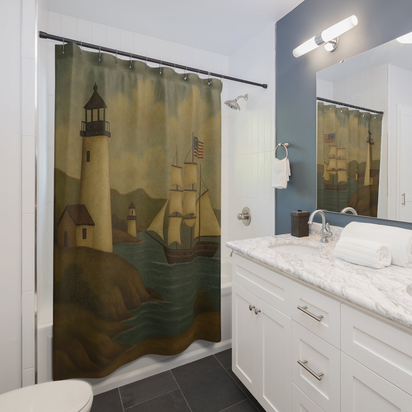 Nautical Lighthouse Shower Curtain, Coastal Bathroom Decor, Vintage Ship Design, Home Spa, Beach House Gift
