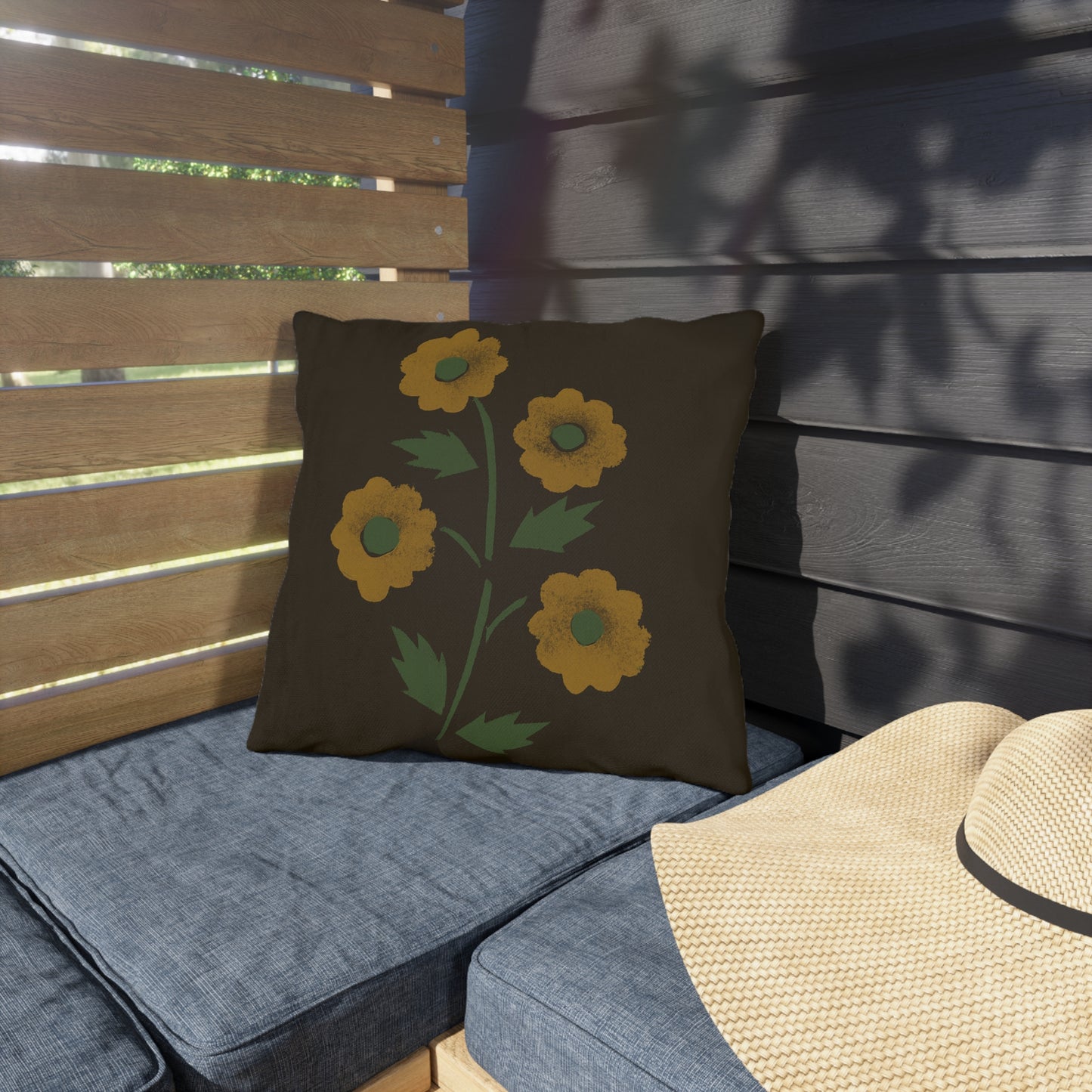 Stencil Flowers on Brown Outdoor Pillows