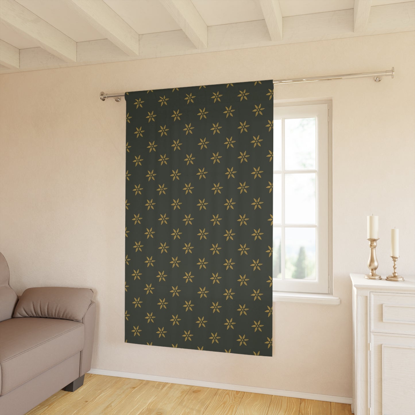 Gold on Green Petal Window Curtains (1 Piece)