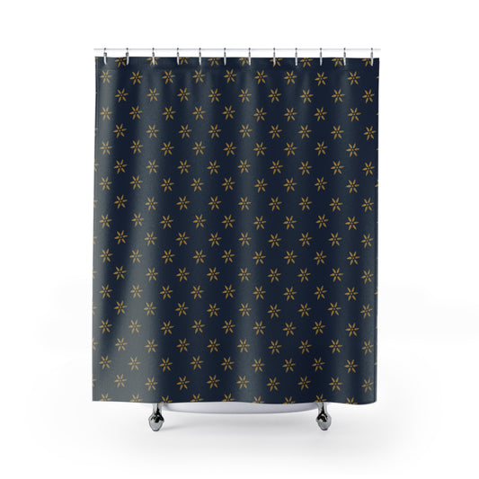 Mustard Yellow on True Blue Flower Stencil Shower Curtains