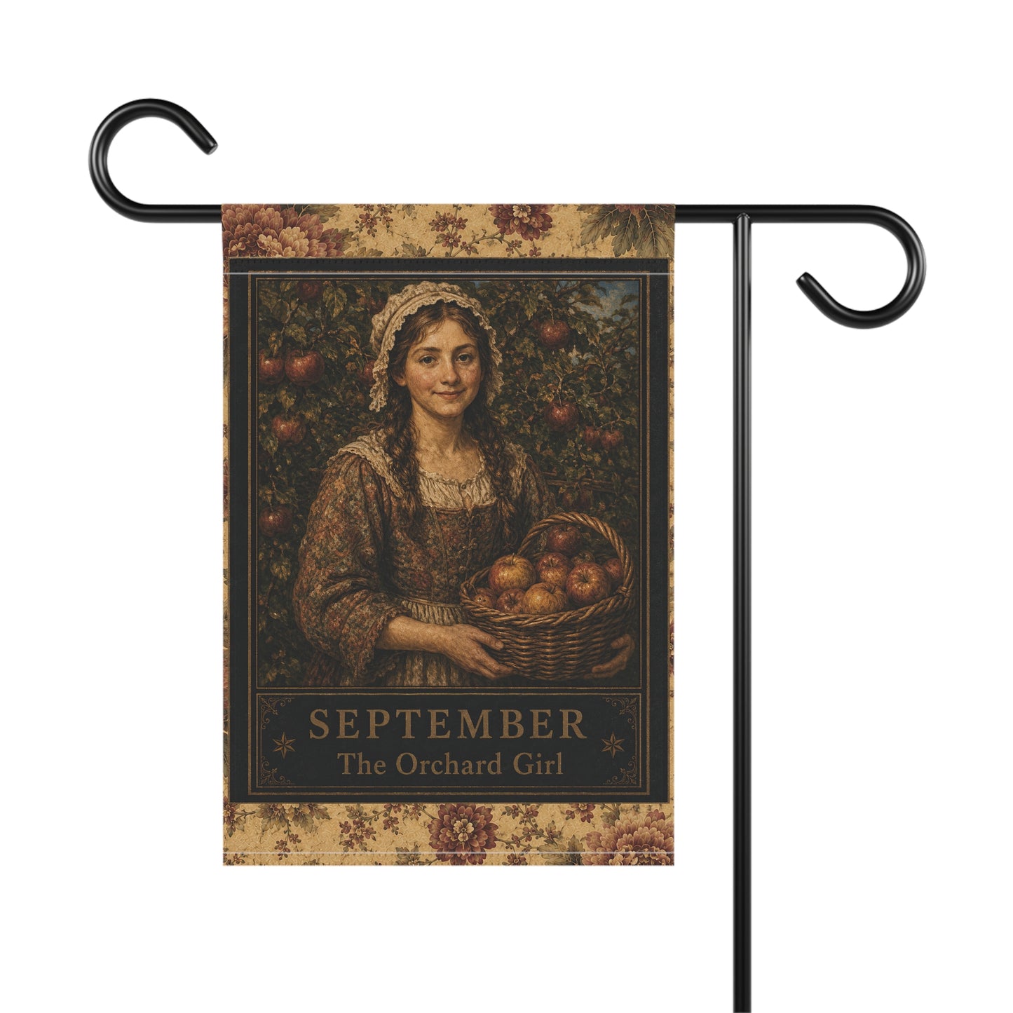 September Orchard Girl Garden Flag – Vintage Harvest House Banner