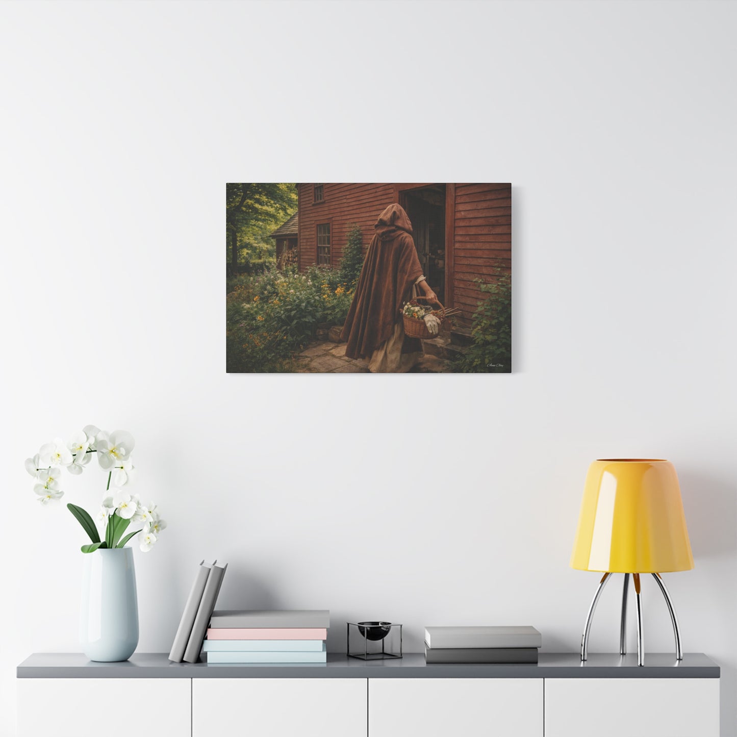 Domestic Rustic Cottage Woman Canvas Wall Art – Vintage Cloak & Basket Matte Stretched Print