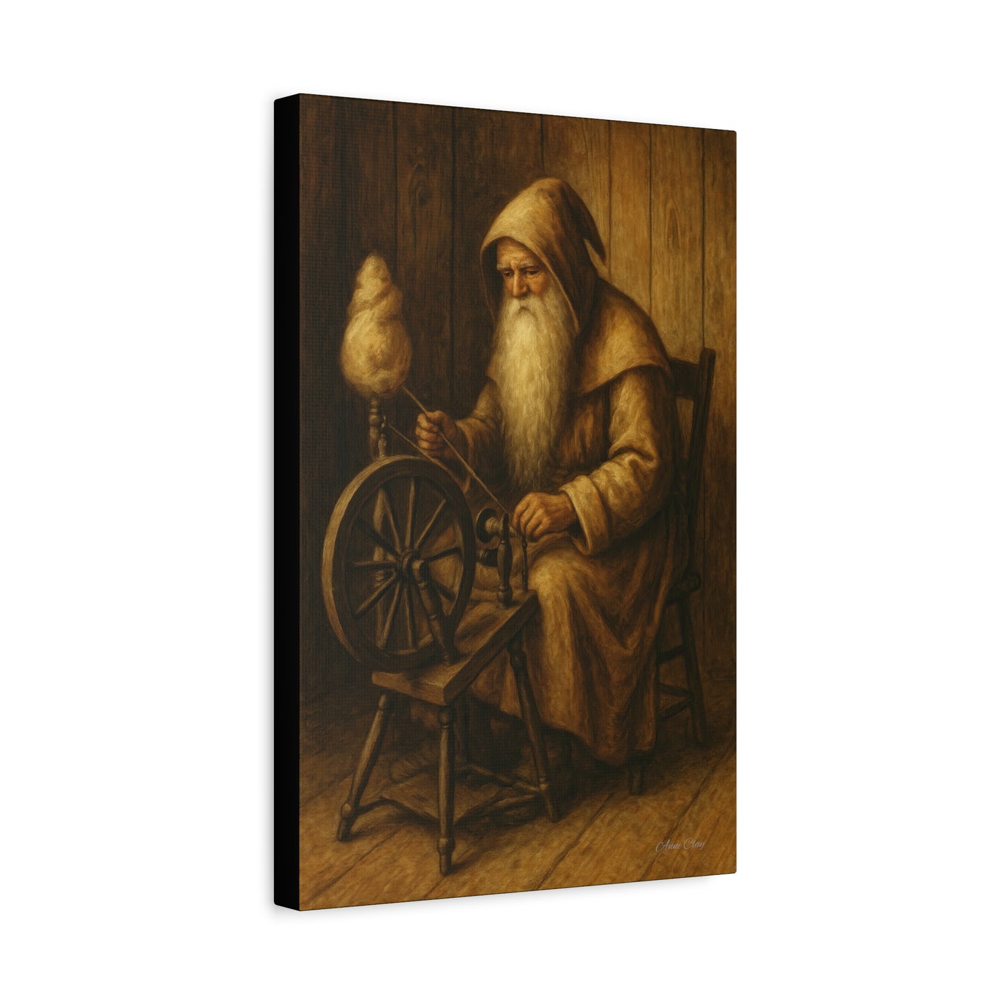 Spinning Wheel Santa, Canvas Print, Cozy Home Decor, Art for Craft Lovers, Perfect Gift for Holidays, Wall Art, Old World Santa
