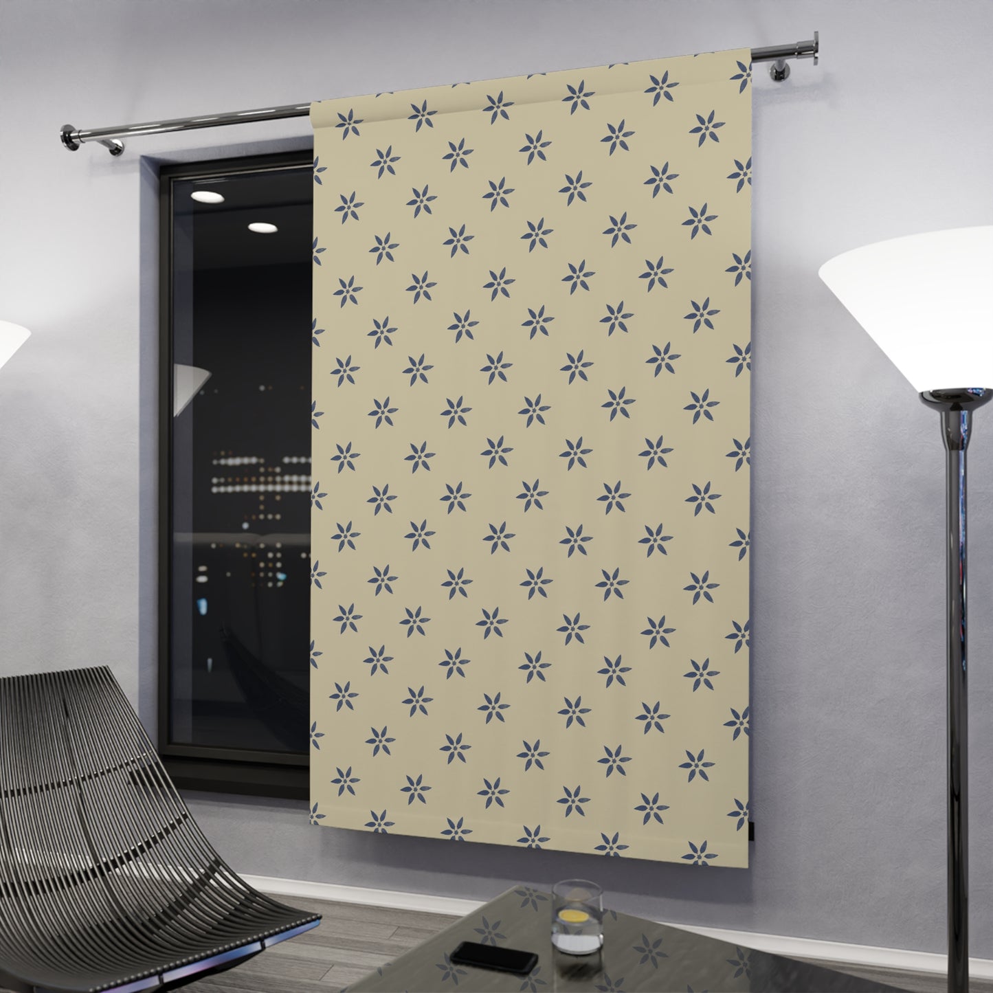 Blue on Cream/Tan Window Curtains (1 Piece)